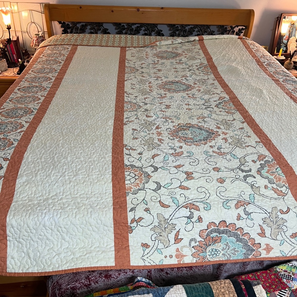 Floral Medallion Reversible Quilt Set Terracotta Teal Cream 3 Piece Bedding Set